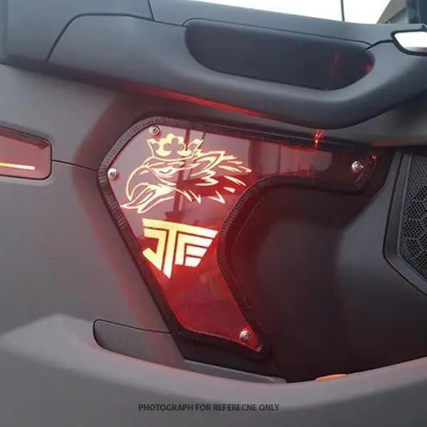 Scania Led Interior Door Panels P-G-R-S Series with red-tinted acrylic, backlit red LEDs, crowned eagle logo, for custom truck lighting, 24V compatible.