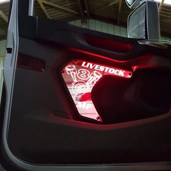 Scania Led Interior Door Panels P-G-R-S Series featuring custom red LED backlit design with LIVESTOCK, 8, pistons, and M F visible through truck door panel.
