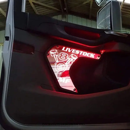 Scania Led Interior Door Panels P-G-R-S Series featuring custom red LED backlit design with LIVESTOCK, 8, pistons, and M F visible through truck door panel.
