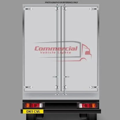 Stylized illustration of rear commercial truck with dual cargo doors, showing 7 Function LED Combination Lamp Din Side Connector, featuring cam locks, integrated tail lights, and license plate area.