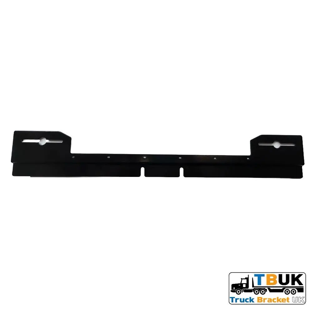 Next Gen R/S Series Grill Beacon/Strobe Light Mounting Bracket for Scania, black powder-coated steel, adjustable end plates, central spine holes for secure light attachment.