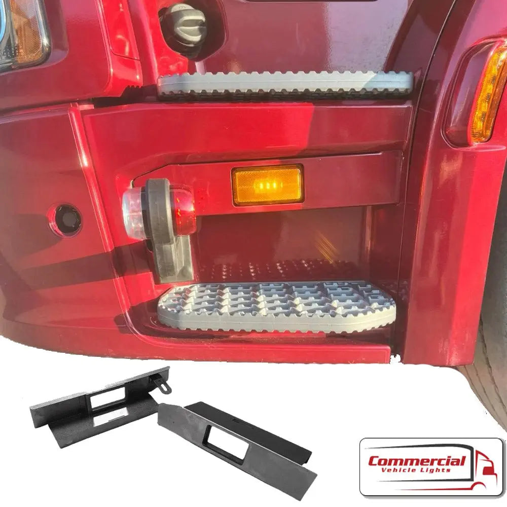 Side view of red truck with Scania Next Gen R/S Series Step Infill Panel, showcasing mounting brackets and side-marker lights under entry steps.