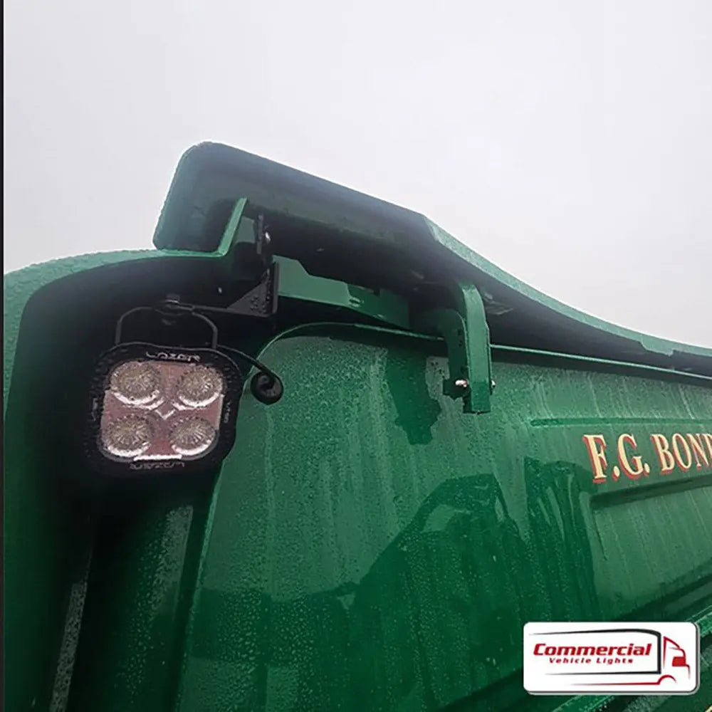 Next Gen Reduced Wind Kit Work Light Mounts on Scania, featuring stainless steel brackets with LED light, showcasing Commercial Vehicle Lights installation.