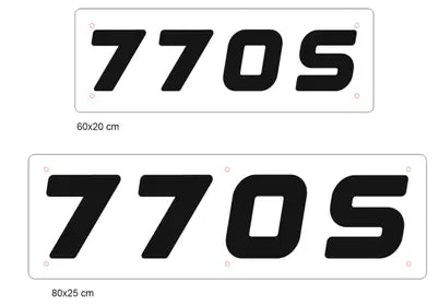 R/S Series Truck Light Board (Scania Compatible) mock-ups, displaying 770S in bold, available in 60x20 cm and 80x25 cm with mounting-hole markers.