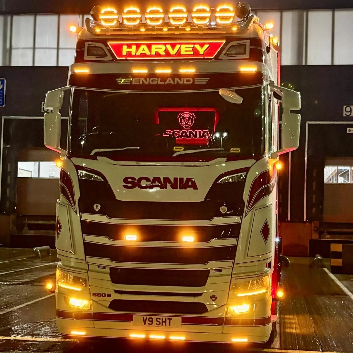 Scania 660 S tractor unit showcasing the Scania Infill Panel LED Truck Light Board by TLD, enhancing night visibility with illuminated features.