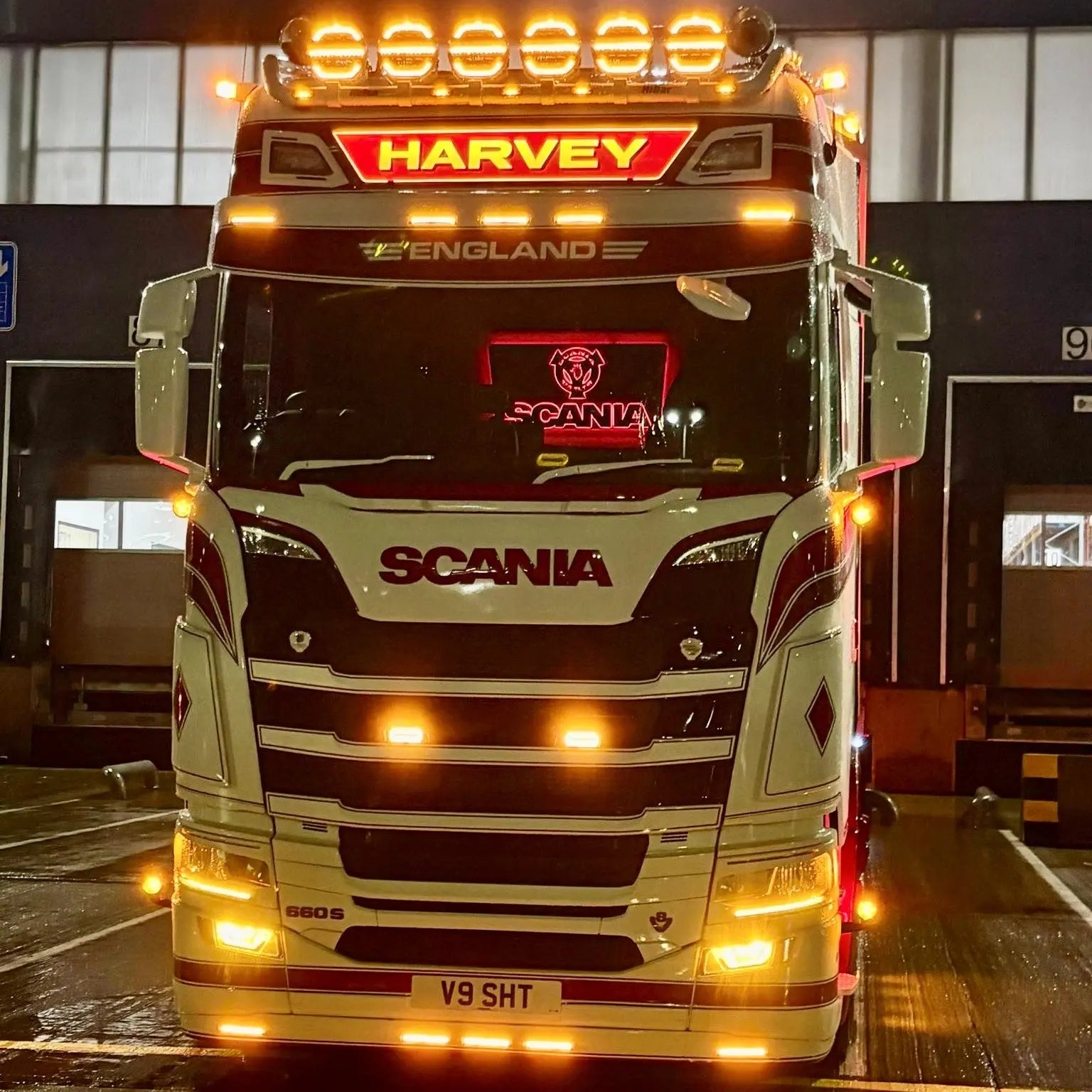 Scania 660 S tractor unit showcasing the Scania Infill Panel LED Truck Light Board by TLD, enhancing night visibility with illuminated features.