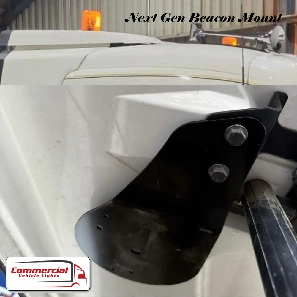 Scania Next Gen Air Kit Beacon Mounts installed on a truck roof, featuring black powder-coated steel, pre-drilled for beacon integration, enhancing vehicle lighting setup.