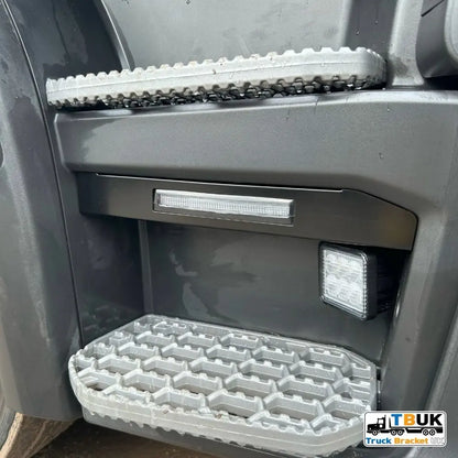 Next Gen Step Infill Light Bars for Scania trucks, featuring serrated metal foot-plates, LED lights, and durable stainless steel construction for enhanced visibility and seamless integration.