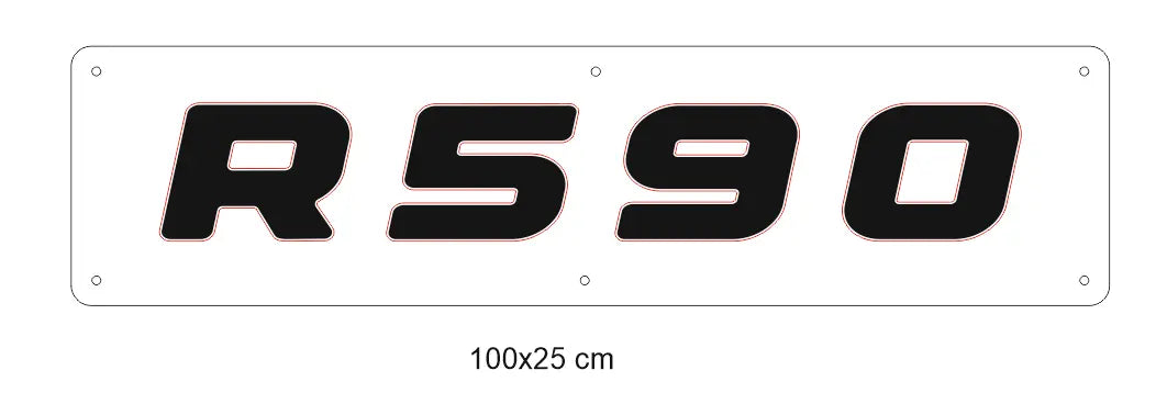 Sign-plate mock-up for R/S Series Truck Light Board (Scania Compatible), featuring R 590 text, five mounting holes, and dimensions of 100 × 25 cm.