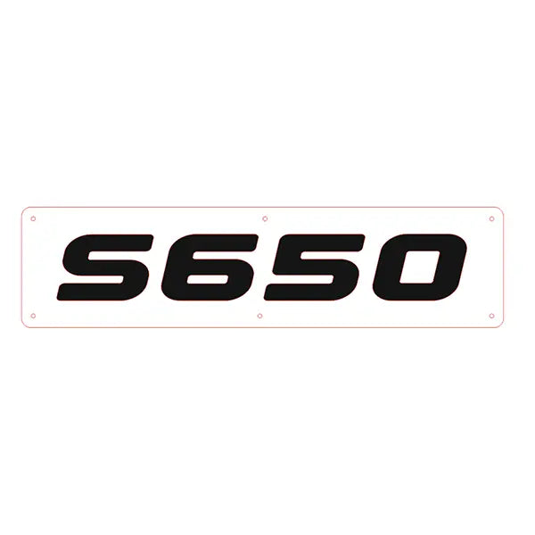 R/S Series Truck Light Board featuring bold “S650” on a white plate, compatible with Scania, made of wood and plexiglass, offering customizable LED lighting.