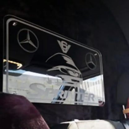 Mercedes Sprinter Interior LED Mirror 800x170mm with RGB lighting, featuring Mercedes logos, V6 badge, and SPRINTER text, mounted on a van's interior bulkhead.
