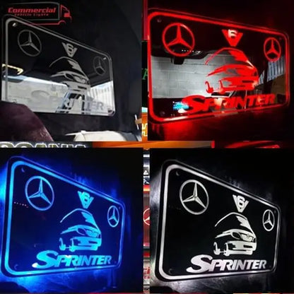 MERCEDES SPRINTER INTERIOR LED MIRROR 600x330mm displaying the Mercedes-Benz star, “V6” badge, and Sprinter silhouette, shown unlit and glowing in red, blue, and white.