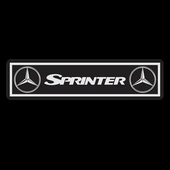 Mercedes Sprinter Interior LED Mirror, featuring a black badge with SPRINTER text and Mercedes-Benz logos, perfect for 12v vehicles. Comes with RGB remote-controlled lighting.