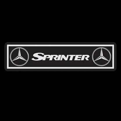 Mercedes Sprinter Interior LED Mirror, featuring a black badge with SPRINTER text and Mercedes-Benz logos, perfect for 12v vehicles. Comes with RGB remote-controlled lighting.