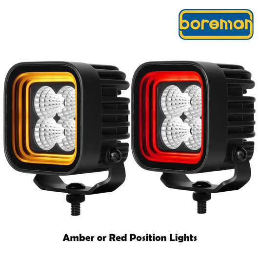 Boreman Cube Work Lamp with 'Tunnel Effect' Position Light 1001-1510 featuring amber and red LED outlines, adjustable brackets, and a multi-faceted lens.