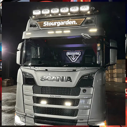 Valhalla Viking 50cm 3D Lightboard displayed in a Scania truck, showcasing its illuminated V8 logo on the dashboard, enhancing the cabin's stylish appearance.