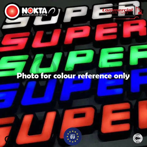 ‘SUPER’ 3D Light badge collage shows illuminated badges in various colors, featuring NOKTA Automotive branding and commercial application icons.