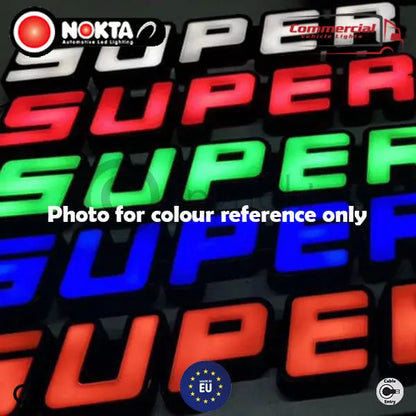 ‘SUPER’ 3D Light badge collage shows illuminated badges in various colors, featuring NOKTA Automotive branding and commercial application icons.