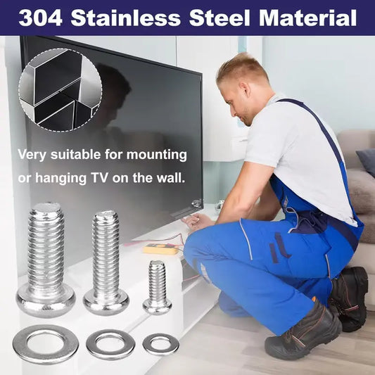 24 Pack Universal TV Mounting Hardware Kit with 304-grade stainless-steel screws and washers, ideal for securely mounting TVs, includes M4, M6, M8 sizes.