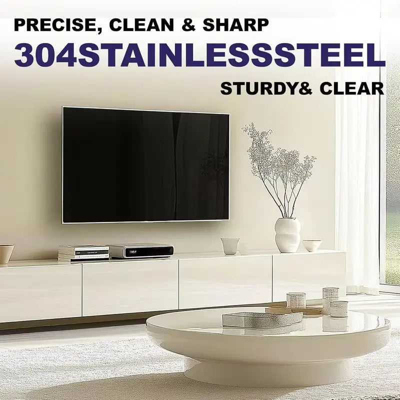 24 Pack Universal TV Mounting Hardware Kit showcased in a minimalist living room with mounted TV, emphasizing sturdy stainless steel screws compatible with various TV sizes.