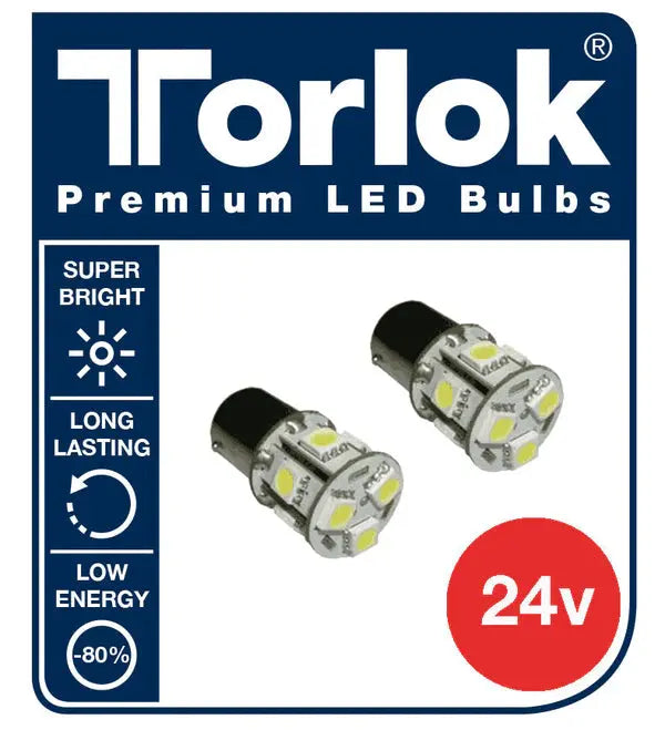 24v Premium LED Single Contact Tail Light Bulbs, Torlok brand, featuring two bulbs with surface-mounted LEDs for super bright, long-lasting, and low-energy performance.