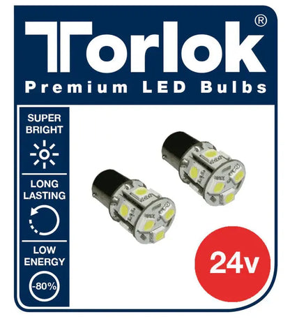 24v Premium LED Single Contact Tail Light Bulbs, Torlok brand, featuring two bulbs with surface-mounted LEDs for super bright, long-lasting, and low-energy performance.