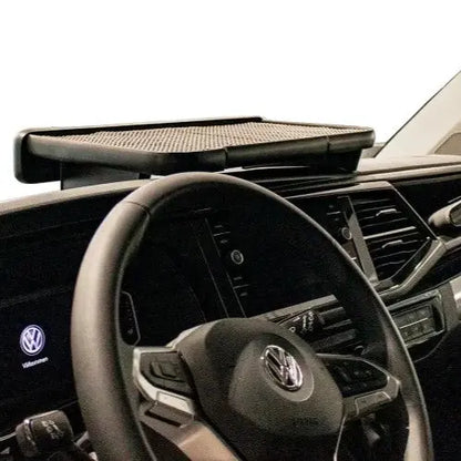 Volkswagen interior with VW Transporter T6/T6.1 LED Dash Table on dash, featuring a non-slip surface and digital displays for enhanced visibility.