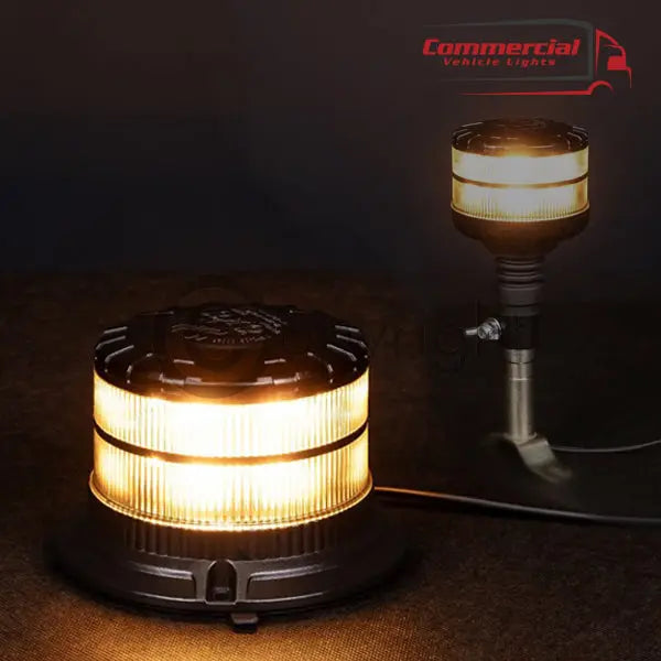 Smoked Warning Beacon LED X-SPIDER, with amber glow, shown in magnetic and Flexi-DIN mounts, branded Commercial Vehicle Lights, highlighting versatile commercial vehicle use.