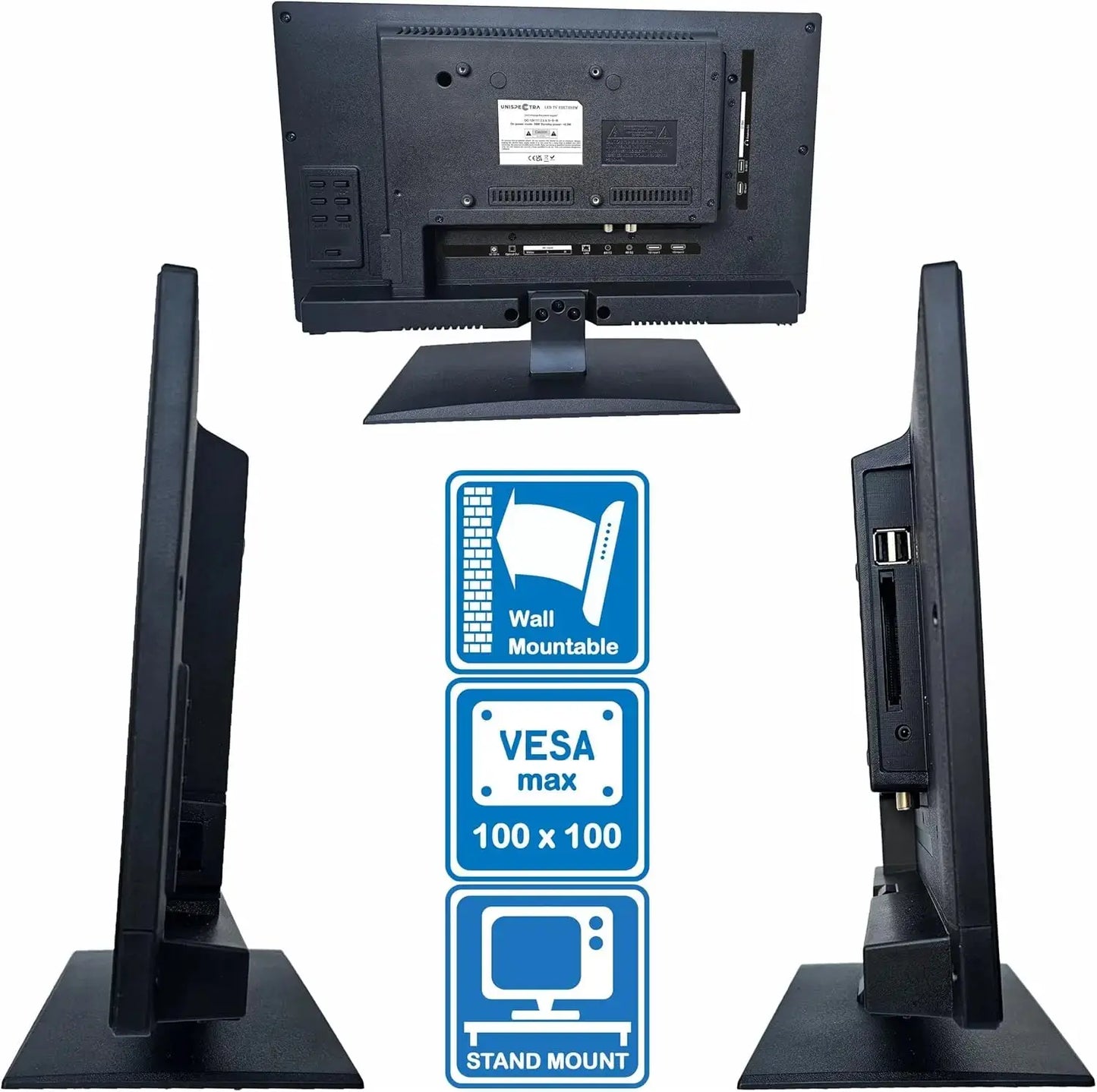 Scania Next Gen Over Door TV Mounting Bracket with VESA pattern, shown with wall-mount and desktop stand options for compact LED screen attachment.