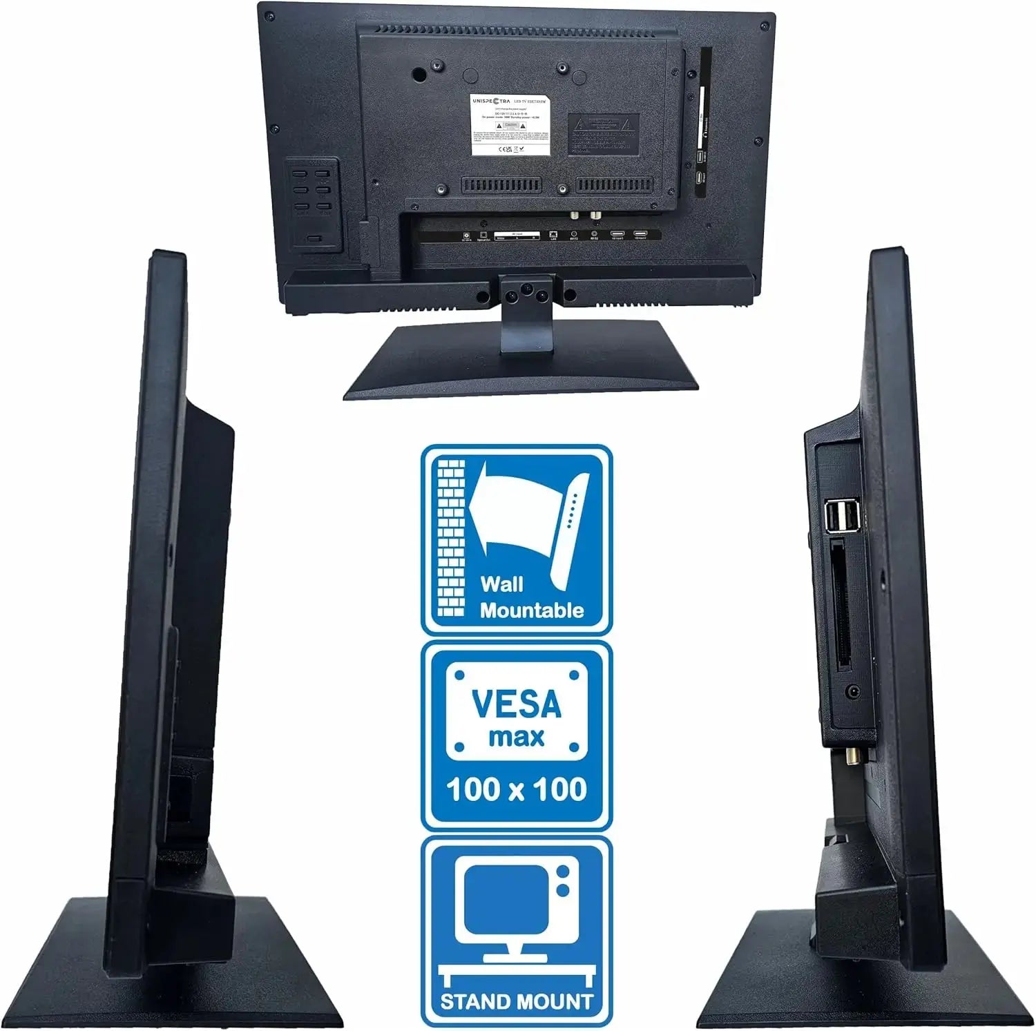 Scania Next Gen Over Door TV Mounting Bracket with VESA pattern, shown with wall-mount and desktop stand options for compact LED screen attachment.