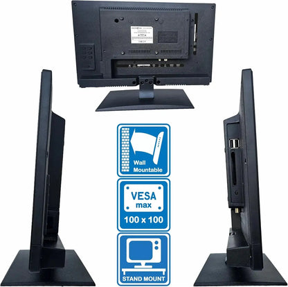 Scania Next Gen Over Door TV Mounting Bracket with VESA pattern, shown with wall-mount and desktop stand options for compact LED screen attachment.