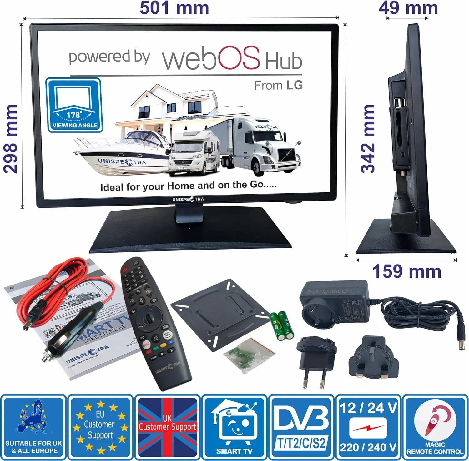 Mercedes Actros Bunk Area TV Mounting Bracket displayed with dimensions, accessories, and features, including Magic Remote, power adaptors, and VESA mounting plate.