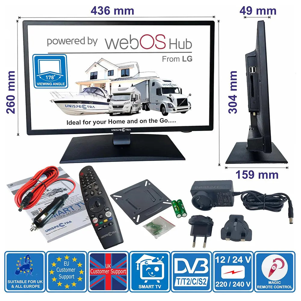 DAF XF Super Space Cab Bunk Area TV Mounting Bracket with 17 LG webOS Hub display, remote, adapters, HDMI cable, VESA mount, and manual.
