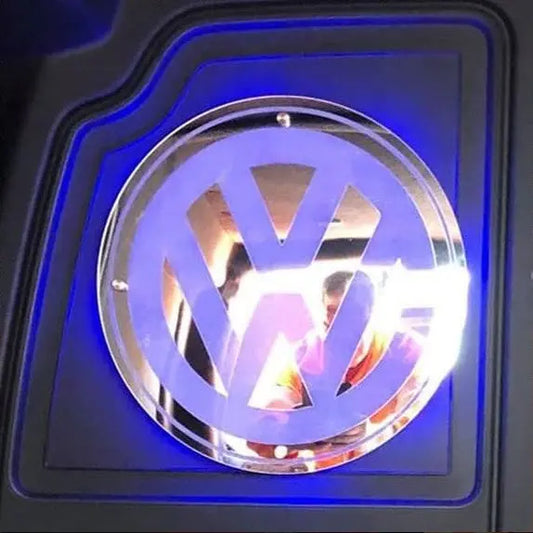 Volkswagen Bulkhead Interior LED Mirror with VW badge, highlighted by blue LED back-lighting, designed for 12V vehicles, enhancing truck cabin styling with remote-controlled RGB lighting.