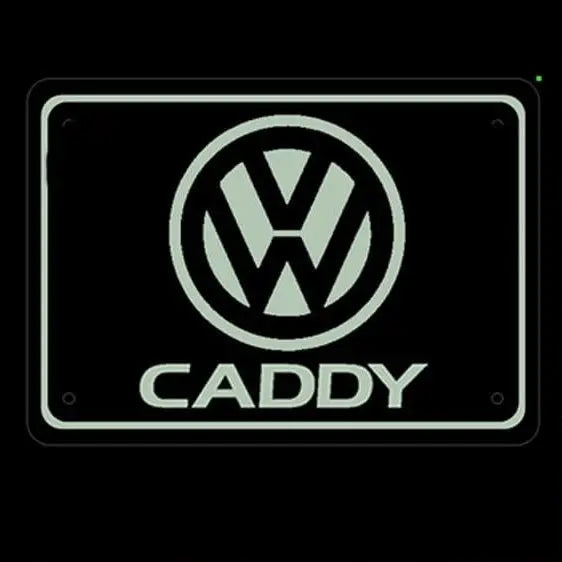 Volkswagen Caddy Led Lightboard 400x300 mm featuring VW CADDY badge, acrylic board, RGB lighting, and cigarette lighter plug, designed for van interiors.