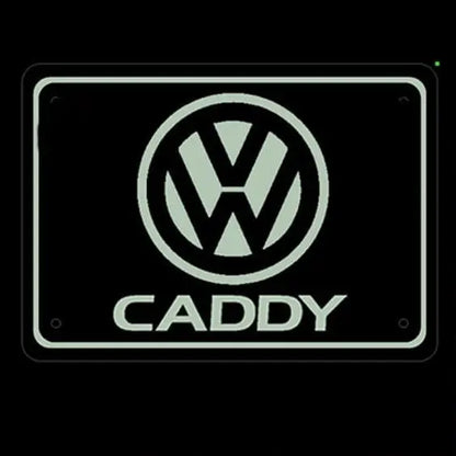 Volkswagen Caddy Led Lightboard 400x300 mm featuring VW CADDY badge, acrylic board, RGB lighting, and cigarette lighter plug, designed for van interiors.