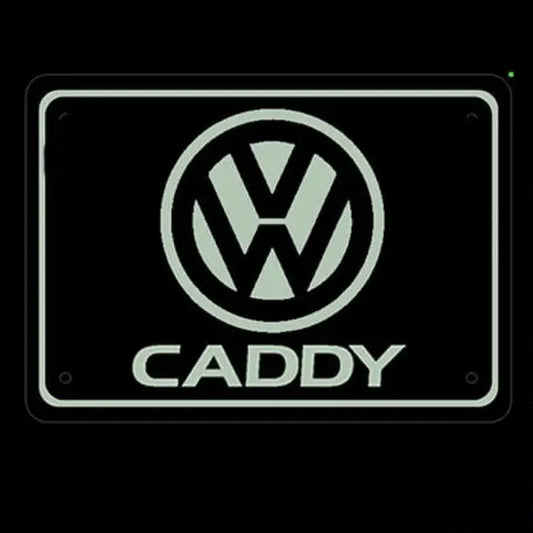 Volkswagen Caddy Led Lightboard 400x300 mm featuring VW CADDY badge, acrylic board, RGB lighting, and cigarette lighter plug, designed for van interiors.
