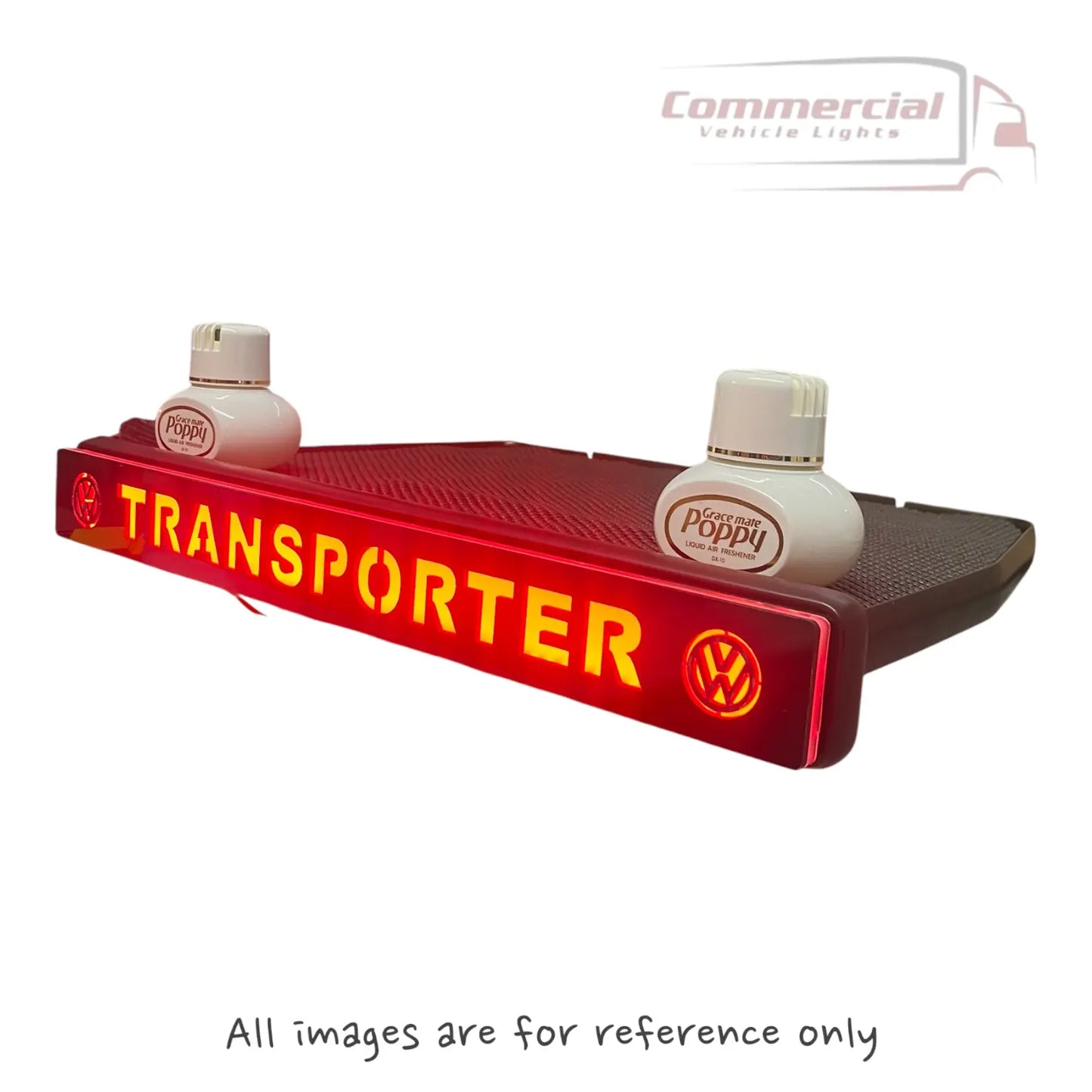 VW Transporter T6/T6.1 LED Dash Table, red acrylic with illuminated branding, features non-slip mat and includes two white Grace mate Poppy air-fresheners.