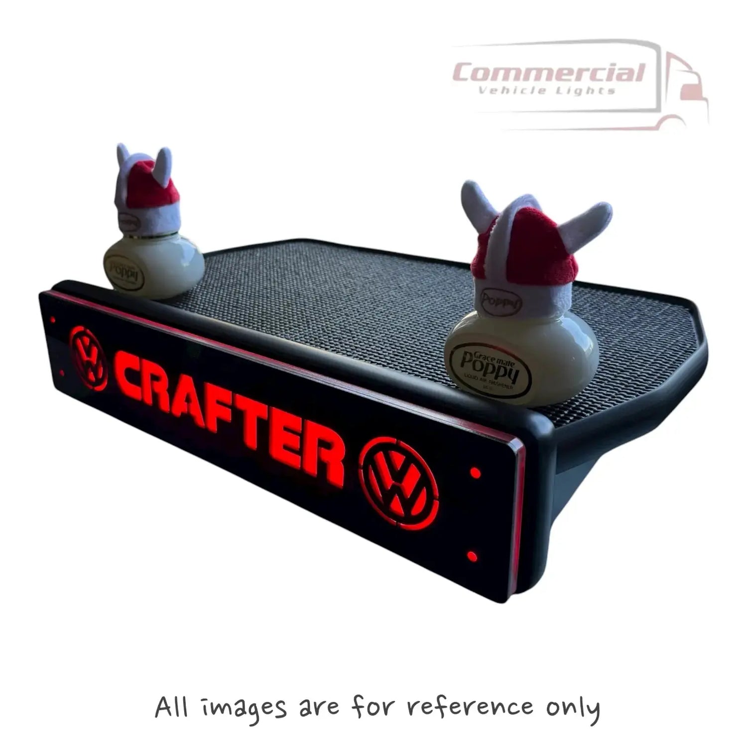 VW CRAFTER LED Dash Table (2017-On) featuring a red-lit acrylic panel, two Poppy air-fresheners with Viking hats, and a non-slip rubber mat.