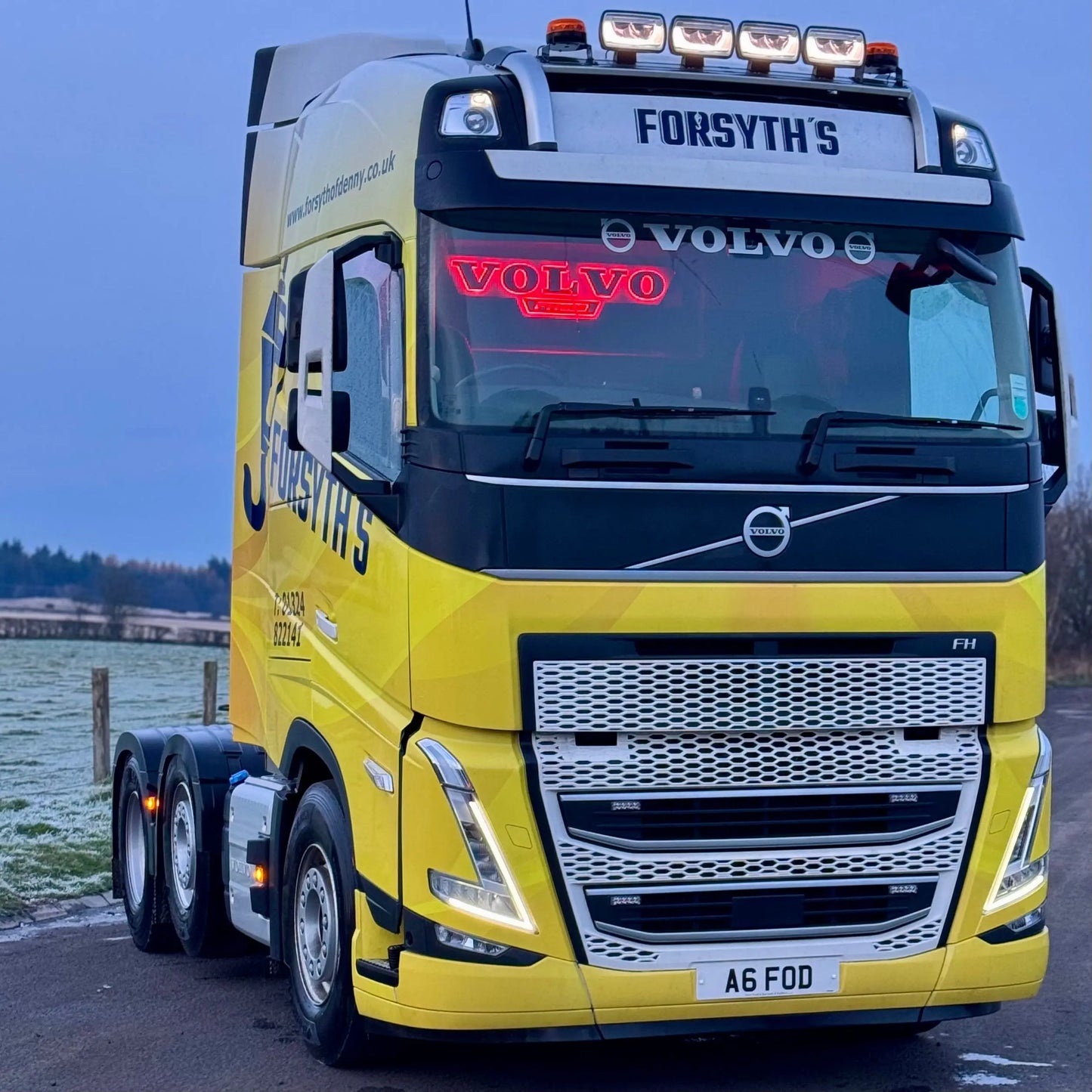 Scania Infill Panel LED Truck Light Board by TLD 24 Volt displayed on a yellow Volvo FH cab, highlighting its LED features and sleek design.