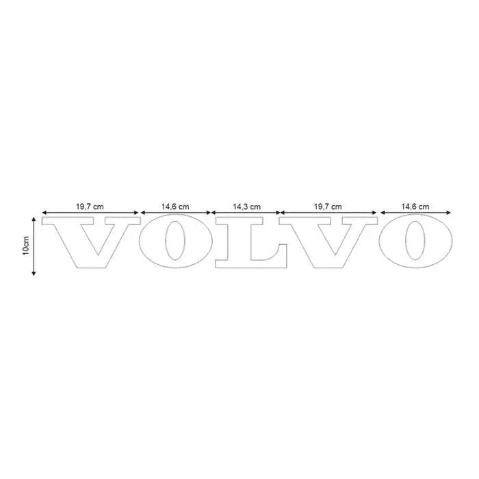 Blueprint of Volvo Grille Badge Led Back-Lit, detailing character dimensions with a 10 cm height, illustrating precise design for custom truck lighting applications.