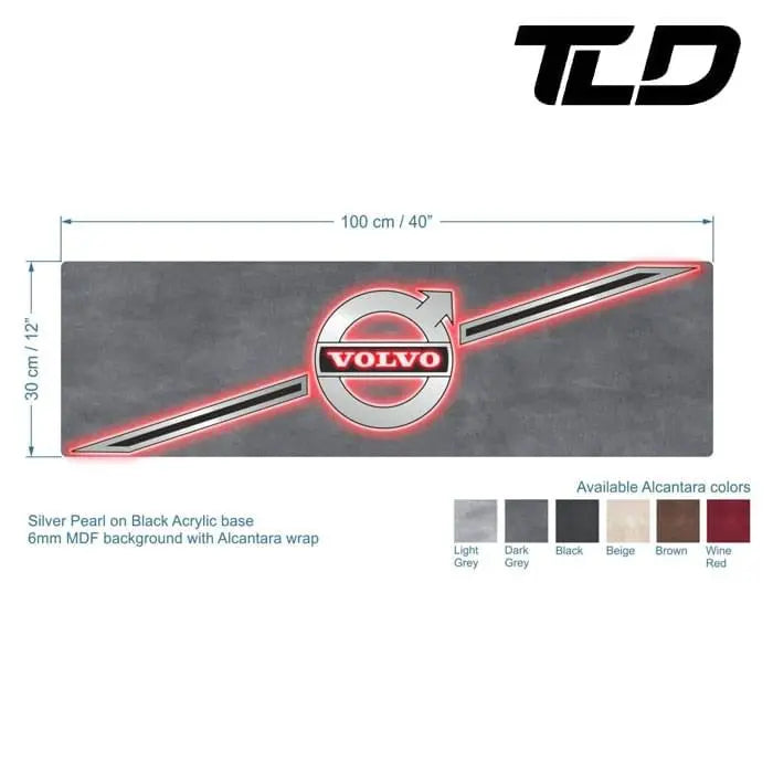 Volvo Badge LED Truck Light Board by TLD, featuring a silver pearl logo on a black base, Alcantara-wrapped, with color swatches below for selection.