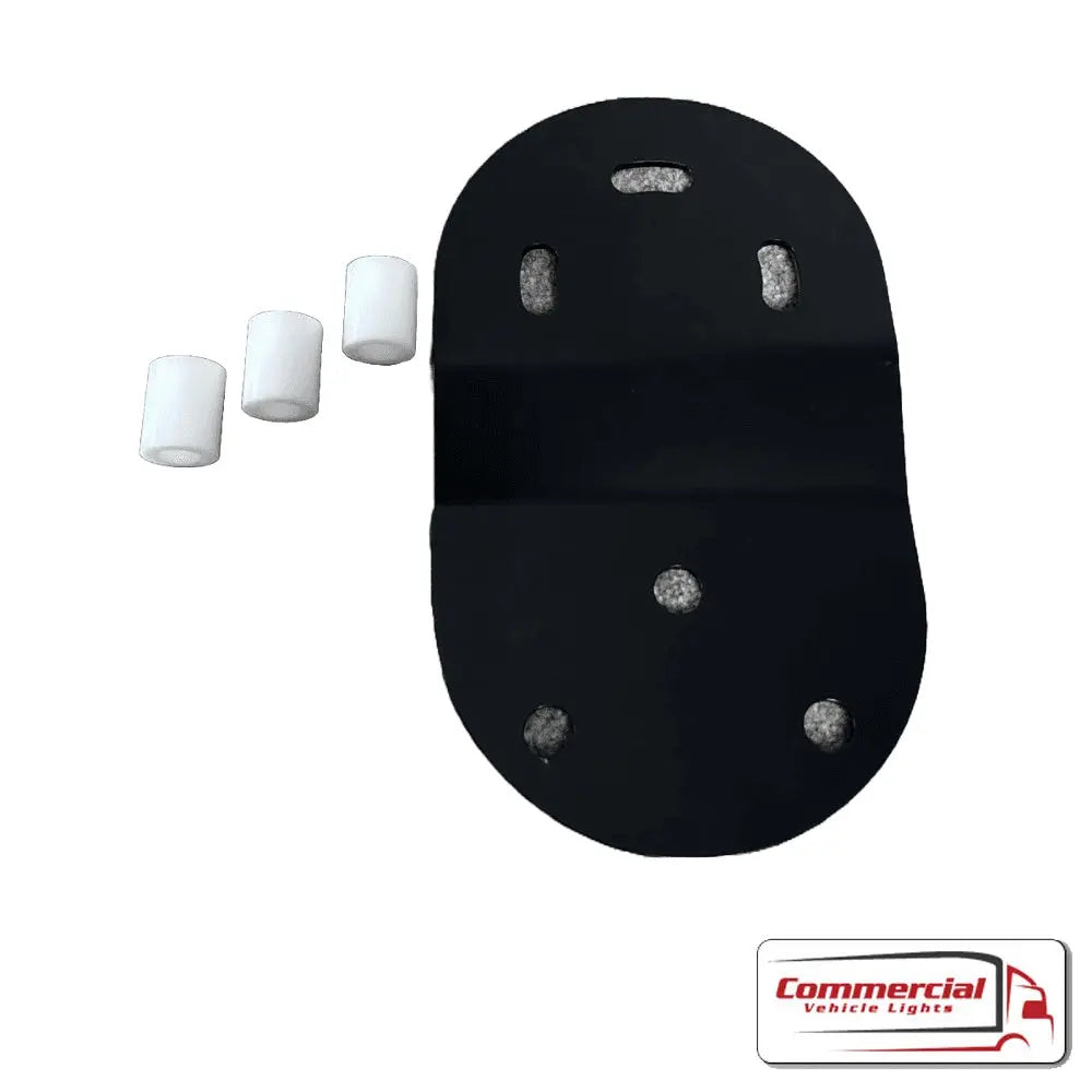 Light-mounting kit featuring a black oval metal plate with slots and holes, and three white spacers for installing the FH V4/V5/Aero Visor Mirror Extension.