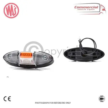 Front and back views of WAS W106 3 Way LED Outline and Side Marker Light, featuring an amber LED module and black housing with a short cable.