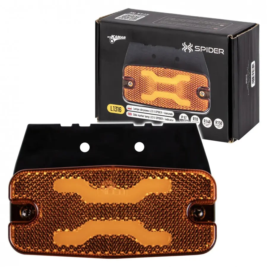 X-SPIDER LED Marker Light and Indicator by Kamar, amber lens, black bracket, retail box, IP67-rated, 12 LEDs, 12/24V, dual function, vertical/horizontal mount.