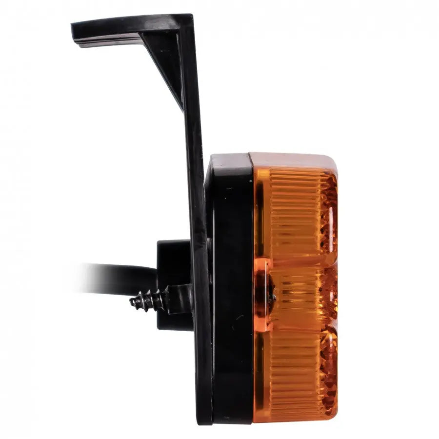 X-SPIDER LED Marker Light and Indicator in black housing with amber lens, L-shaped bracket, wiring, ideal for vehicles, IP67 rated, dual-voltage, vertical/horizontal mount.