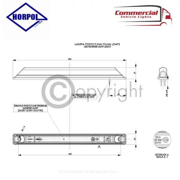 Rear Position Marker Light Long Red LD473 blueprint, showing three views with dimensions, wiring details, and certification marking for commercial vehicles by Horpol.