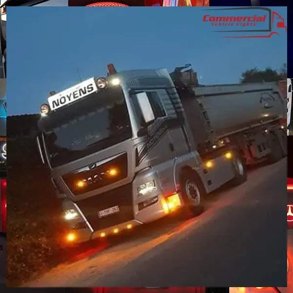 Silver-grey MAN semi-tractor with illuminated 105x30x15cm Dutch Style LED Headboard, showcasing multiple amber lights, emphasizing aftermarket lighting features for trucks.