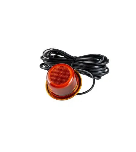 LEDSON Halo Position Light with red translucent lens, metal bezel, black cable; features advanced LED technology, E-marking ECE R148, IP67 rating for durability and style.