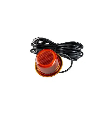 LEDSON Halo Position Light with red translucent lens, metal bezel, black cable; features advanced LED technology, E-marking ECE R148, IP67 rating for durability and style.